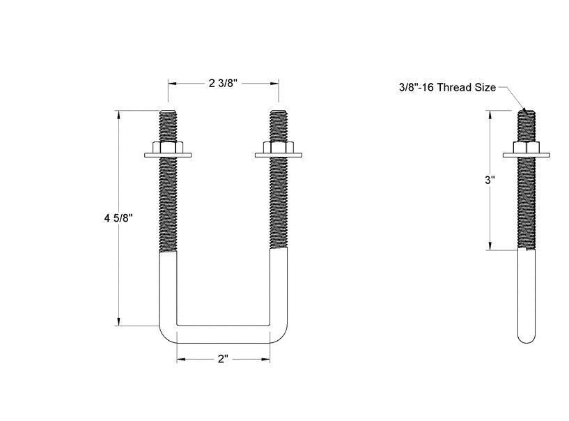 Pack of 4 Sq U Bolt 304 Stainless Steel, 3/8"-16 Thread Size, 2" W, 4-5/8" H - MK Sauder Surplus