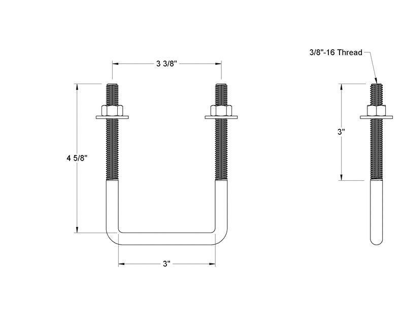 Pack of 4 Sq U Bolt 304 Stainless Steel, 3/8"-16 Thread Size, 3" W, 4-5/8" H - MK Sauder Surplus