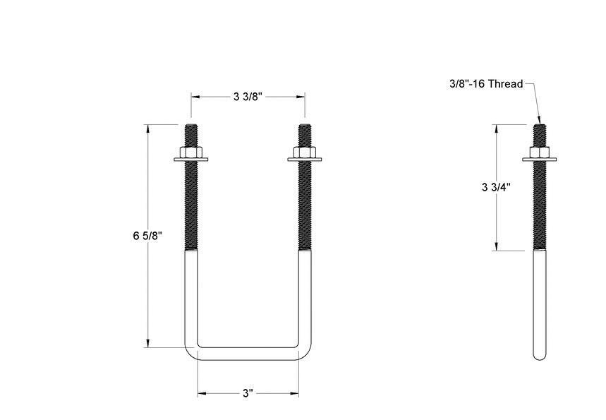 Pack of 4 Sq U Bolt 304 Stainless Steel, 3/8"-16 Thread Size, 3" W, 6-5/8" H - MK Sauder Surplus