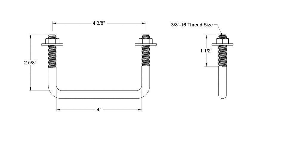 Pack of 4 Sq U Bolt 304 Stainless Steel, 3/8"-16 Thread Size, 4" W, 2-5/8" H - MK Sauder Surplus