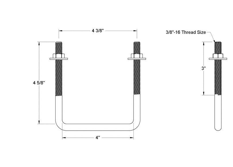 Pack of 4 Sq U Bolt 304 Stainless Steel, 3/8"-16 Thread Size, 4" W, 4-5/8" H - MK Sauder Surplus
