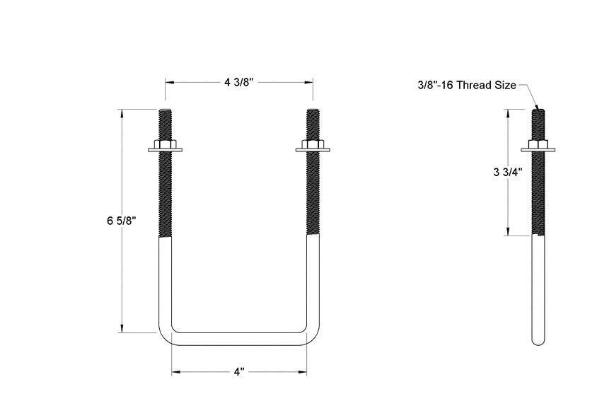Pack of 4 Sq U Bolt 304 Stainless Steel, 3/8"-16 Thread Size, 4" W, 6-5/8" H - MK Sauder Surplus