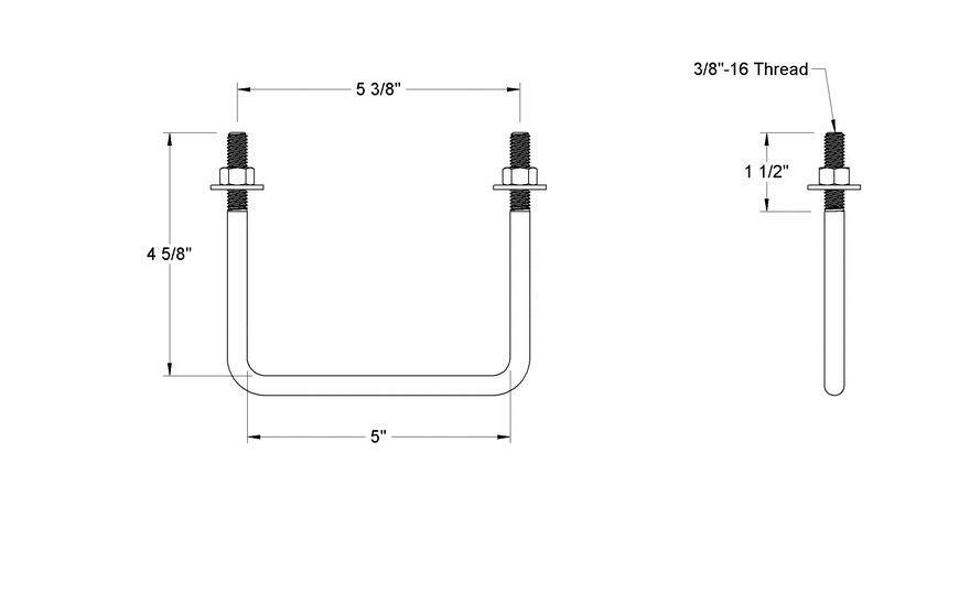 Pack of 4 Sq U Bolt 304 Stainless Steel, 3/8"-16 Thread Size, 5" W, 4-5/8" H - MK Sauder Surplus