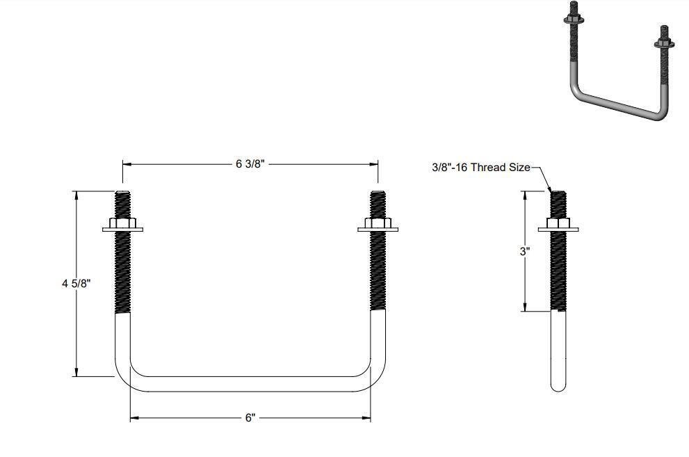 Pack of 4 Sq U Bolt 304 Stainless Steel, 3/8"-16 Thread Size, 6" W, 4-5/8" H - MK Sauder Surplus