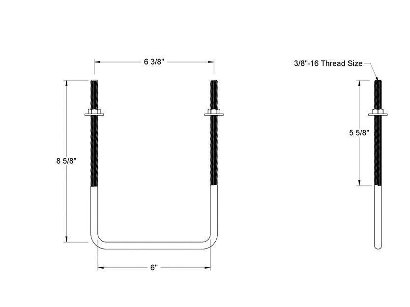 Pack of 4 Sq U Bolt 304 Stainless Steel, 3/8"-16 Thread Size, 6" W, 8-5/8" H - MK Sauder Surplus