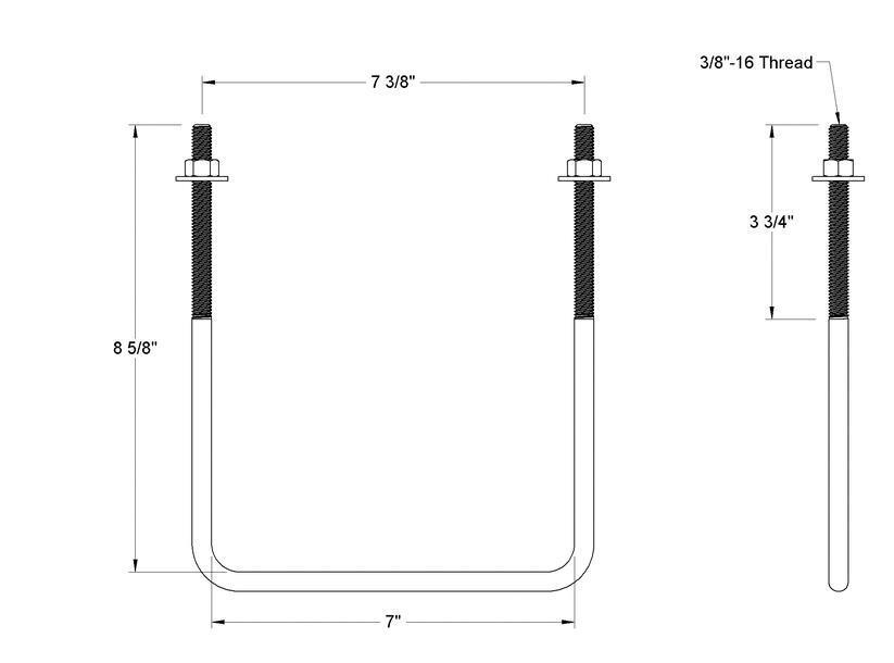 Pack of 4 Sq U Bolt 304 Stainless Steel, 3/8"-16 Thread Size, 7" W, 8-5/8" H - MK Sauder Surplus