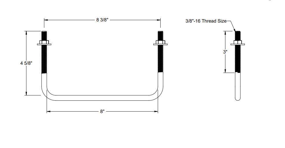 Pack of 4 Sq U Bolt 304 Stainless Steel, 3/8"-16 Thread Size, 8" W, 4-5/8" H - MK Sauder Surplus
