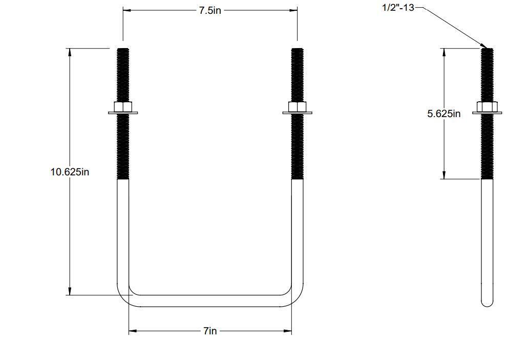 Pack of 4 Sq U Bolt Zinc-Plated, Steel, 1/2"-13 Thread, 7" W, 10-5/8" H - MK Sauder Surplus