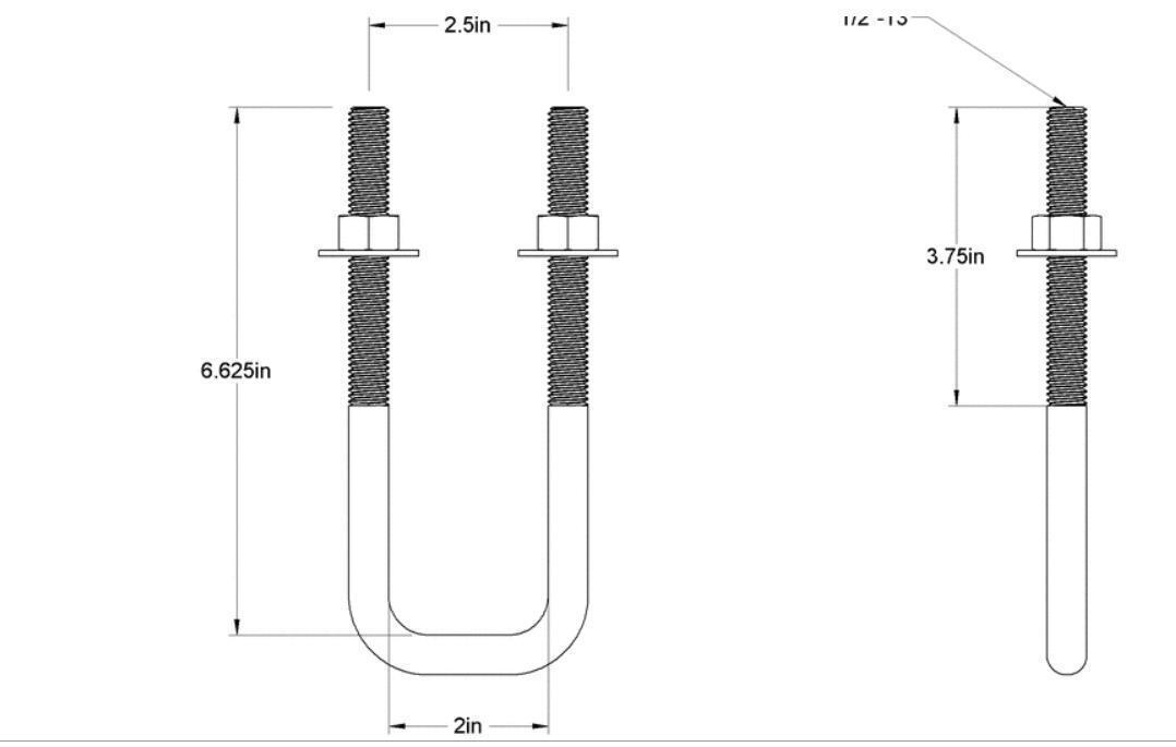 Pack of 4 Sq U Bolt Zinc-Plated, Steel, 1/2"-13 Thread Size, 2" W, 6-5/8" H - MK Sauder Surplus
