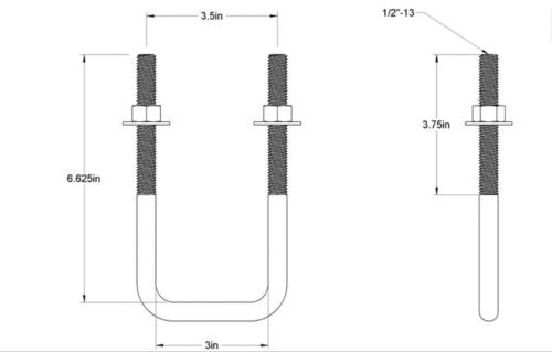 Pack of 4 Sq U Bolt Zinc-Plated, Steel, 1/2"-13 Thread Size, 3" W, 6-5/8" H - MK Sauder Surplus