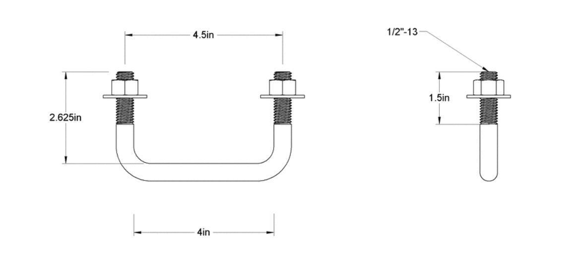 Pack of 4 Sq U Bolt Zinc-Plated, Steel, 1/2"-13 Thread Size, 4" W, 2-5/8" H - MK Sauder Surplus