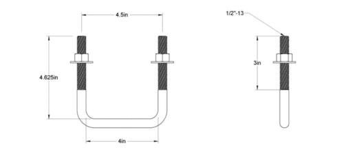 Pack of 4 Sq U Bolt Zinc-Plated, Steel, 1/2"-13 Thread Size, 4" W, 4-5/8" H - MK Sauder Surplus