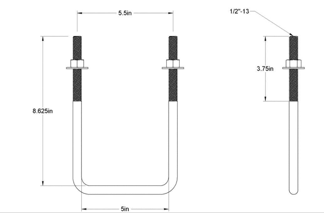 Pack of 4 Sq U Bolt Zinc-Plated, Steel, 1/2"-13 Thread Size, 5" W, 8-5/8" H - MK Sauder Surplus