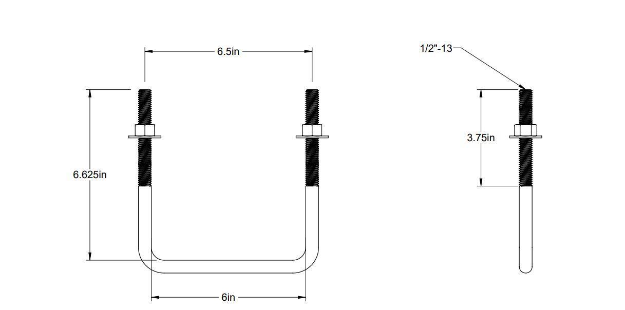 Pack of 4 Sq U Bolt Zinc-Plated, Steel, 1/2"-13 Thread Size, 6" W, 6-5/8" H - MK Sauder Surplus