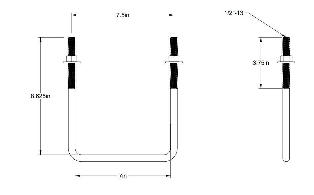 Pack of 4 Sq U Bolt Zinc-Plated, Steel, 1/2"-13 Thread Size, 7" W, 8-5/8" H - MK Sauder Surplus