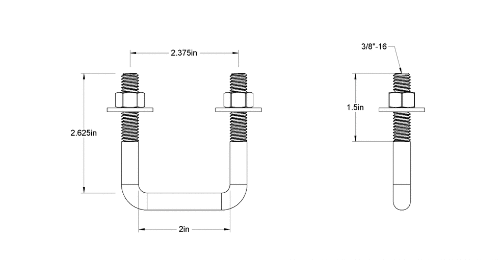 Pack of 4 - Sq U-Bolt Zinc-Plated Steel, 3/8"-16 Thread, 2" Inside W, 2-5/8" H - MK Sauder Surplus