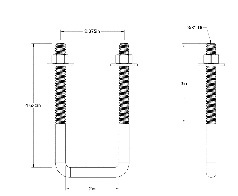 Pack of 4 - Sq U-Bolt Zinc-Plated Steel, 3/8"-16 Thread, 2" Inside W, 4-5/8" H - MK Sauder Surplus