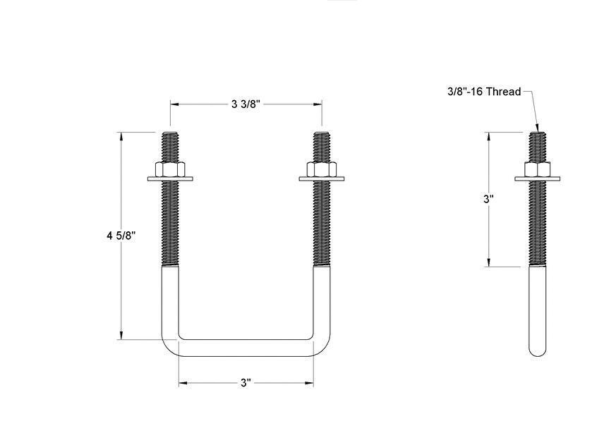 Pack of 4 - Sq U-Bolt Zinc-Plated Steel, 3/8"-16 Thread, 3" Inside W, 4-5/8" H - MK Sauder Surplus