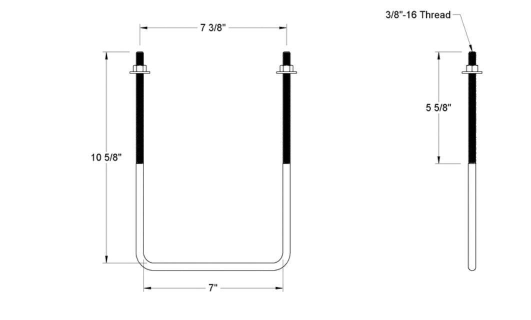 Pack of 4 Sq U Bolt Zinc-Plated, Steel, 3/8"-16 Thread, 7" W, 10-5/8" H - MK Sauder Surplus