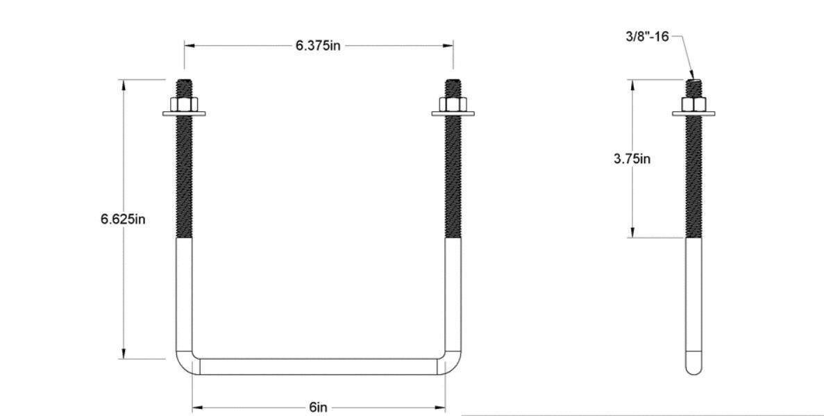 Pack of 4 Sq U Bolt Zinc-Plated, Steel, 3/8"-16 Thread Size, 6" W, 6-5/8" H - MK Sauder Surplus