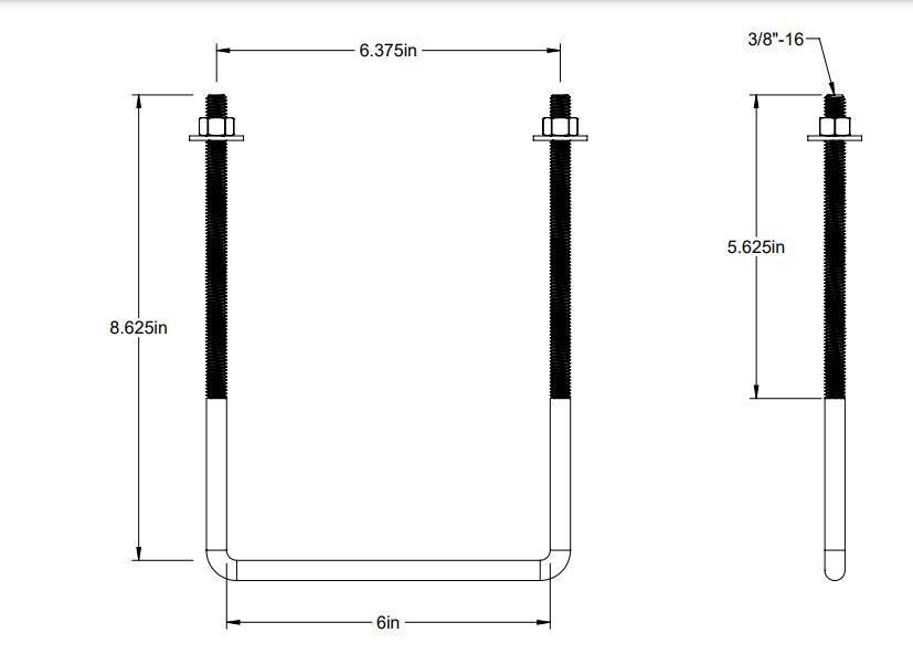 Pack of 4 Sq U Bolt Zinc-Plated, Steel, 3/8"-16 Thread Size, 6" W, 8-5/8" H - MK Sauder Surplus