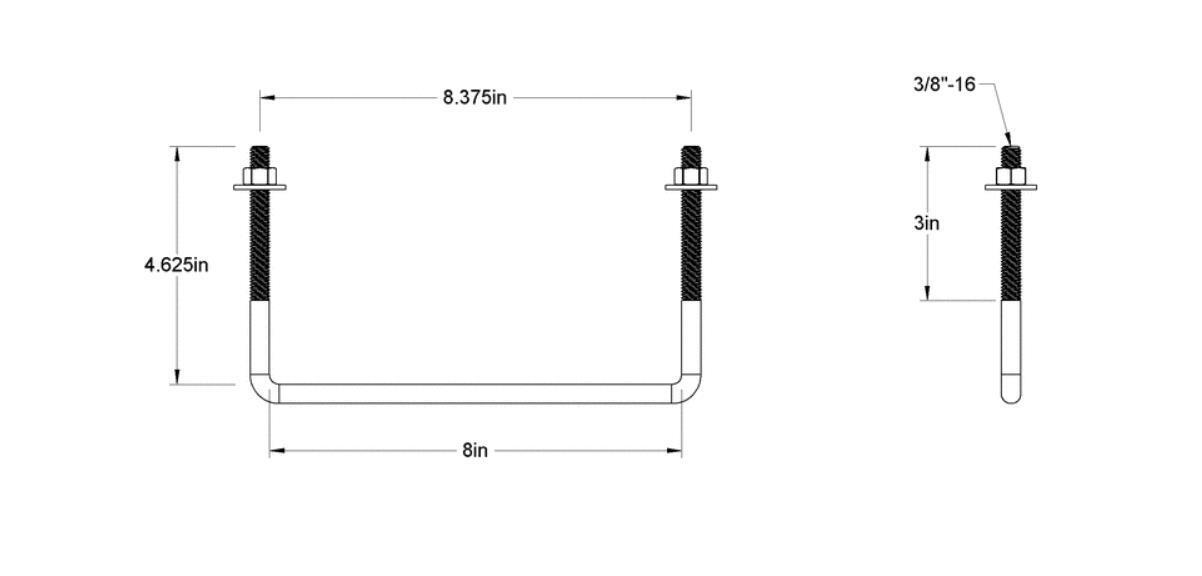 Pack of 4 Sq U Bolt Zinc-Plated, Steel, 3/8"-16 Thread Size, 8" W, 4-5/8" H - MK Sauder Surplus
