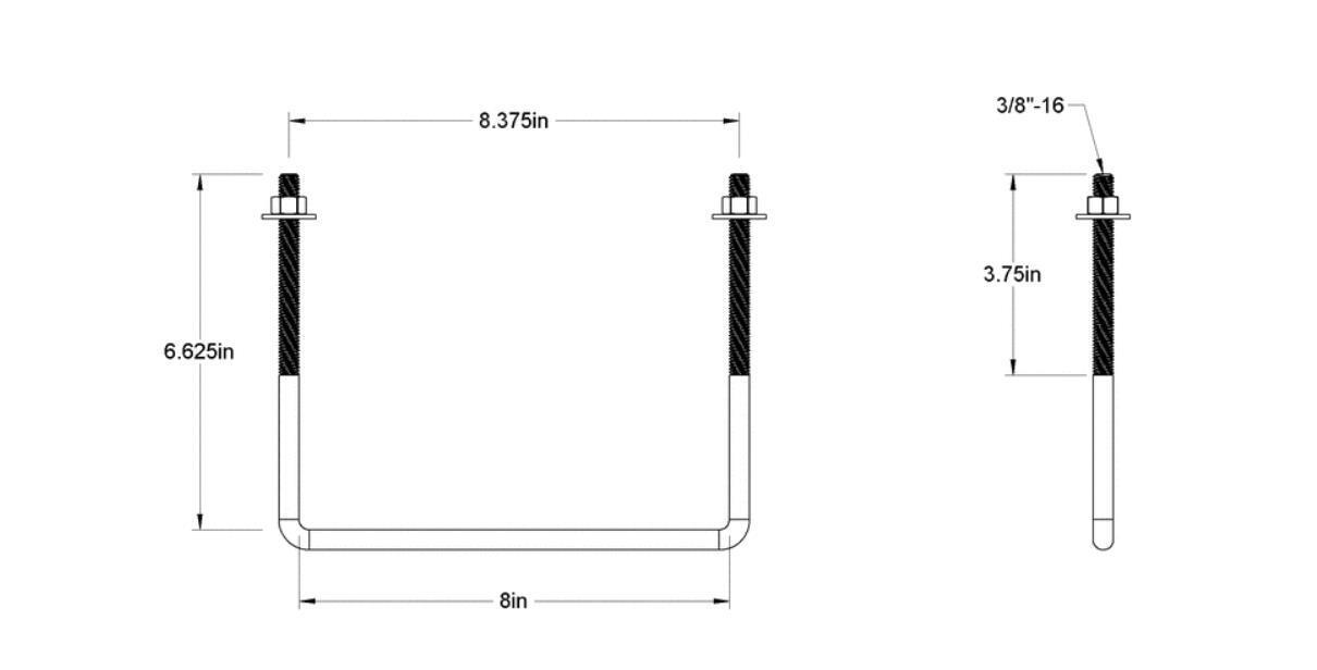 Pack of 4 Sq U Bolt Zinc-Plated, Steel, 3/8"-16 Thread Size, 8" W, 6-5/8" H - MK Sauder Surplus