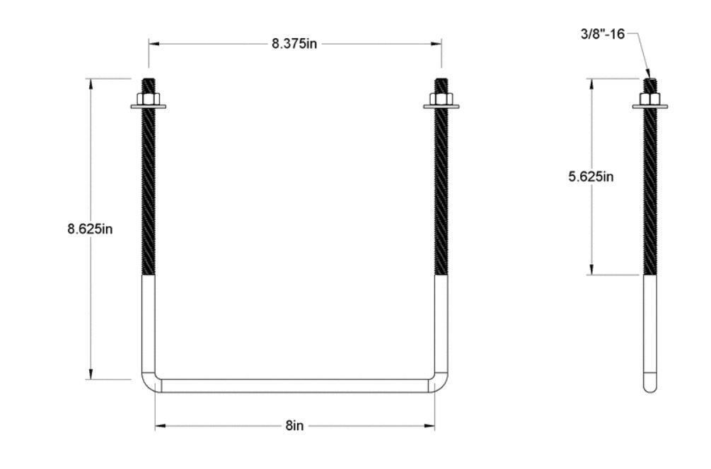 Pack of 4 Sq U Bolt Zinc-Plated, Steel, 3/8"-16 Thread Size, 8" W, 8-5/8" H - MK Sauder Surplus