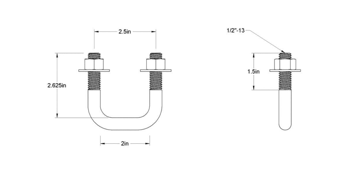 Pack of 4 Sq U Bolt Zinc-Plated, Steel, 1/2"-13 Thread Size, 2" W, 2-5/8" H - MK Sauder Surplus