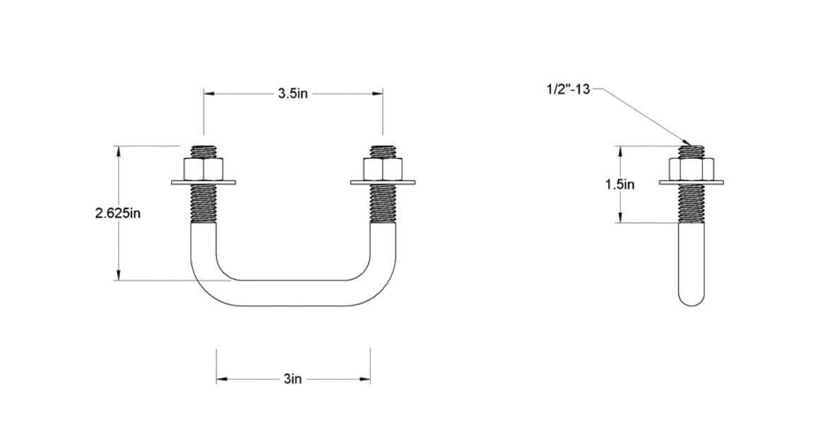 Pack of 4 Sq U Bolt Zinc-Plated, Steel, 1/2"-13 Thread Size, 3" W, 2-5/8" H - MK Sauder Surplus