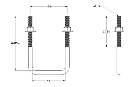 Pack of 4 Sq U Bolt Zinc-Plated, Steel, 1/2"-13 Thread Size, 4" W, 6-5/8" H - MK Sauder Surplus