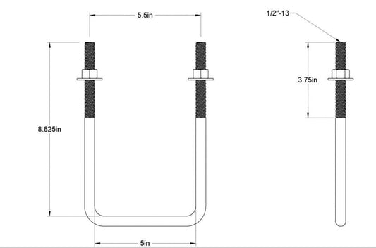Pack of 4 Sq U Bolt Zinc-Plated, Steel, 1/2"-13 Thread Size, 5" W, 8-5/8" H - MK Sauder Surplus