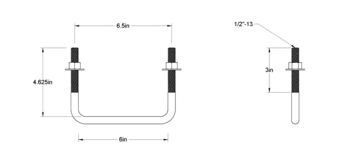Pack of 4 Sq U Bolt Zinc-Plated, Steel, 1/2"-13 Thread Size, 6" W, 4-5/8" H - MK Sauder Surplus