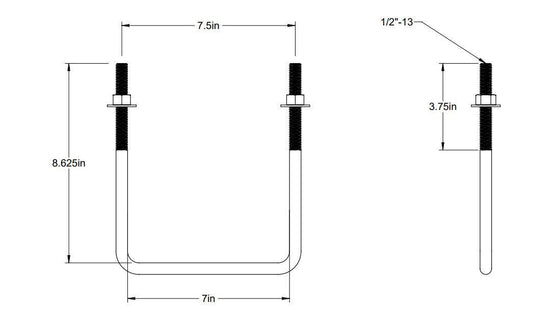Pack of 4 Sq U Bolt Zinc-Plated, Steel, 1/2"-13 Thread Size, 7" W, 8-5/8" H - MK Sauder Surplus