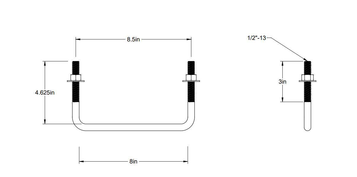 Pack of 4 Sq U Bolt Zinc-Plated, Steel, 1/2"-13 Thread Size, 8" W, 4-5/8" H - MK Sauder Surplus