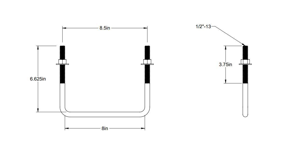 Pack of 4 Sq U Bolt Zinc-Plated, Steel, 1/2"-13 Thread Size, 8" W, 6-5/8" H - MK Sauder Surplus