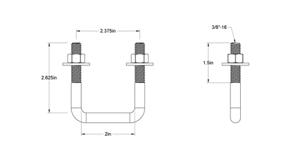 Pack of 4 - Sq U-Bolt Zinc-Plated Steel, 3/8"-16 Thread, 2" Inside W, 2-5/8" H - MK Sauder Surplus