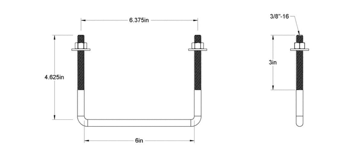 Pack of 4 Sq U Bolt Zinc-Plated, Steel, 3/8"-16 Thread Size, 6" W, 4-5/8" H - MK Sauder Surplus