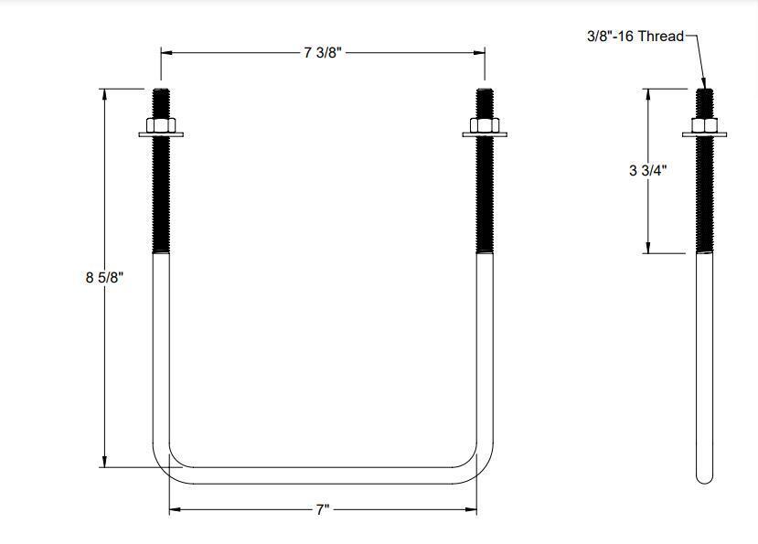 Pack of 4 Sq U Bolt Zinc-Plated, Steel, 3/8"-16 Thread Size, 7" W, 8-5/8" H - MK Sauder Surplus