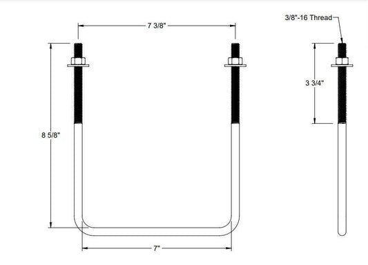Pack of 4 Sq U Bolt Zinc-Plated, Steel, 3/8"-16 Thread Size, 7" W, 8-5/8" H - MK Sauder Surplus