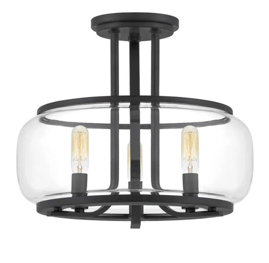 Pruitt 3 Light 14" Wide Semi-Flush Drum Ceiling Fixture with Clear Glass Shade Model: PRUC1714MBK - MK Sauder Surplus